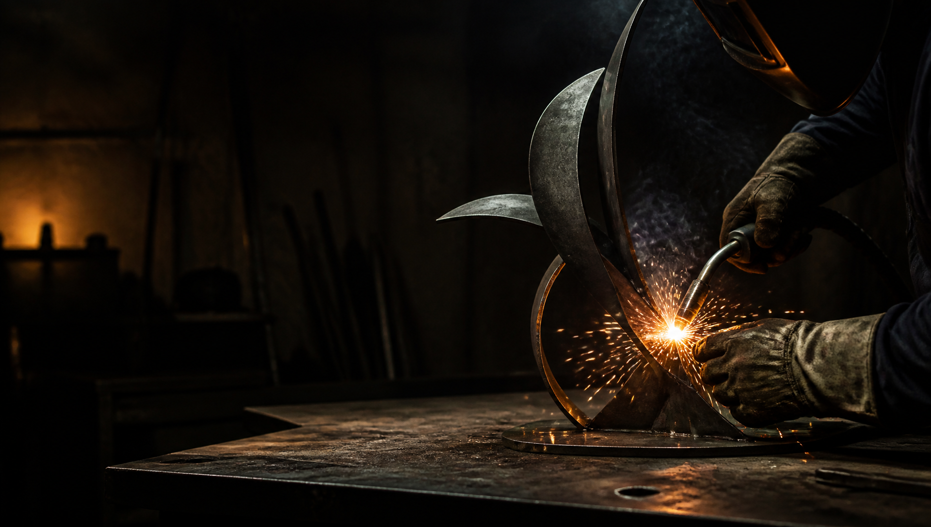 Metallkonstnär som svetsar en skulptur för hand i verkstaden